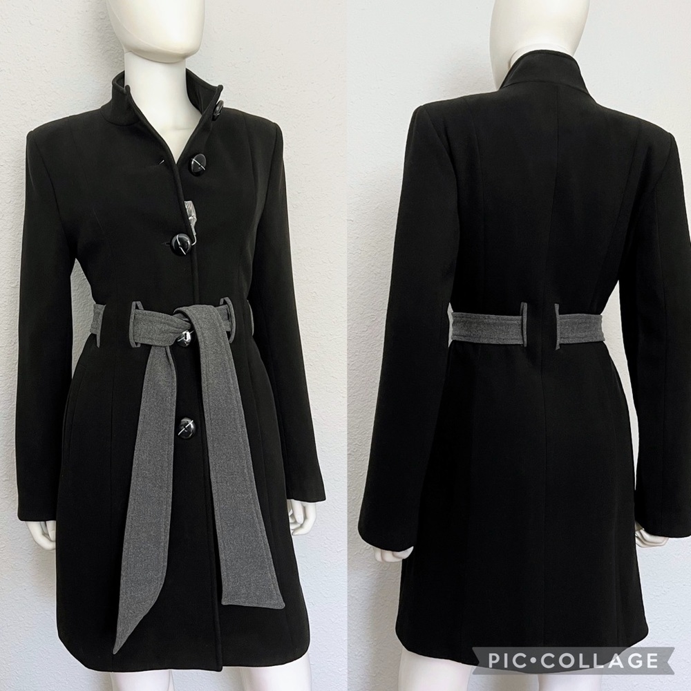 NWT WOMEN SINGLE-BREASTED COAT QUILTED LINING BELTED‎ STAND-UP COLLAR BLACK/GRAY